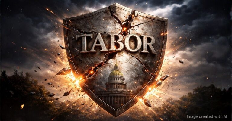 Cracked shield labeled TABOR symbolizing weakened taxpayer protections in Colorado