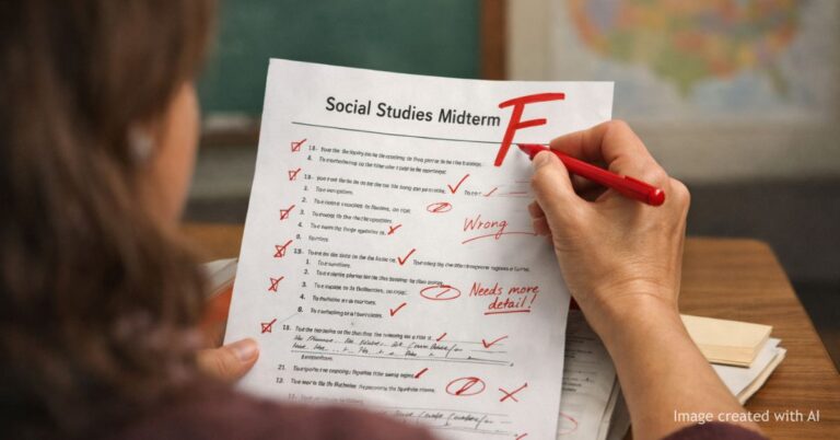Teacher writes failing grade on social studies test marked with corrections