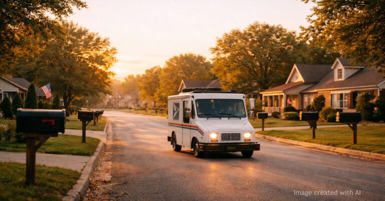 USPS mail truck delivering mail in suburban neighborhood at sunset with wide framing and safe margins
