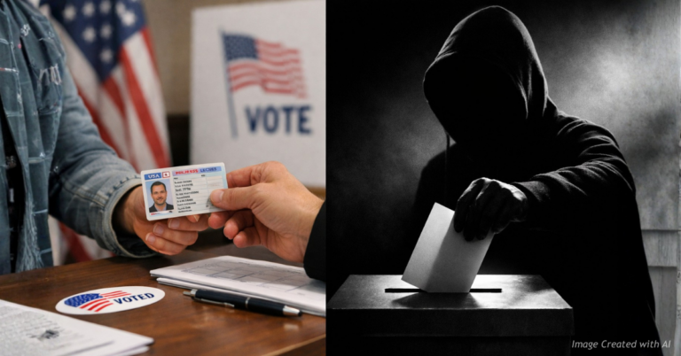 Split image showing ID verification vs anonymous voting debate
