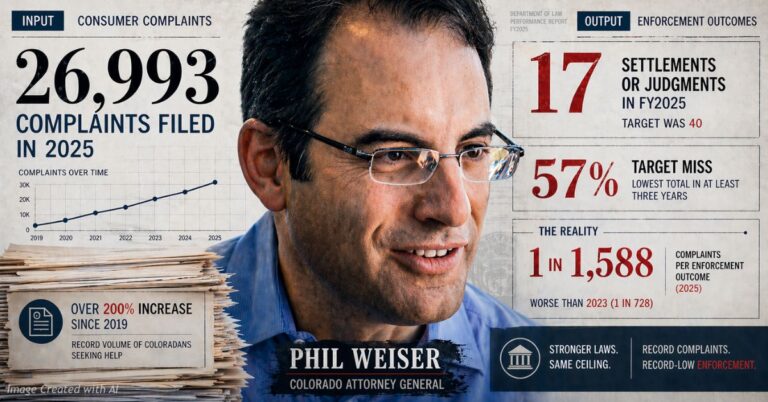 Colorado Attorney General Phil Weiser with data showing 26,993 consumer complaints filed in 2025 against 17 enforcement settlements.