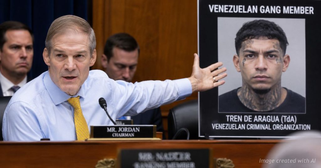 Jim Jordan gestures toward visual aid of Venezuelan gang member during Judiciary Committee hearing