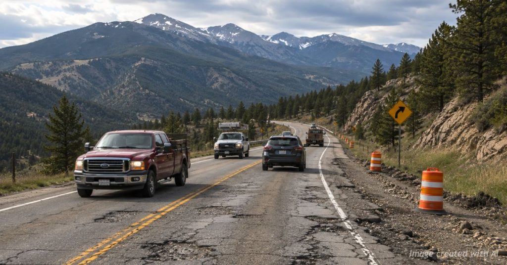 Damaged Colorado highway with potholes and traffic near the Rocky Mountains at sunrise.