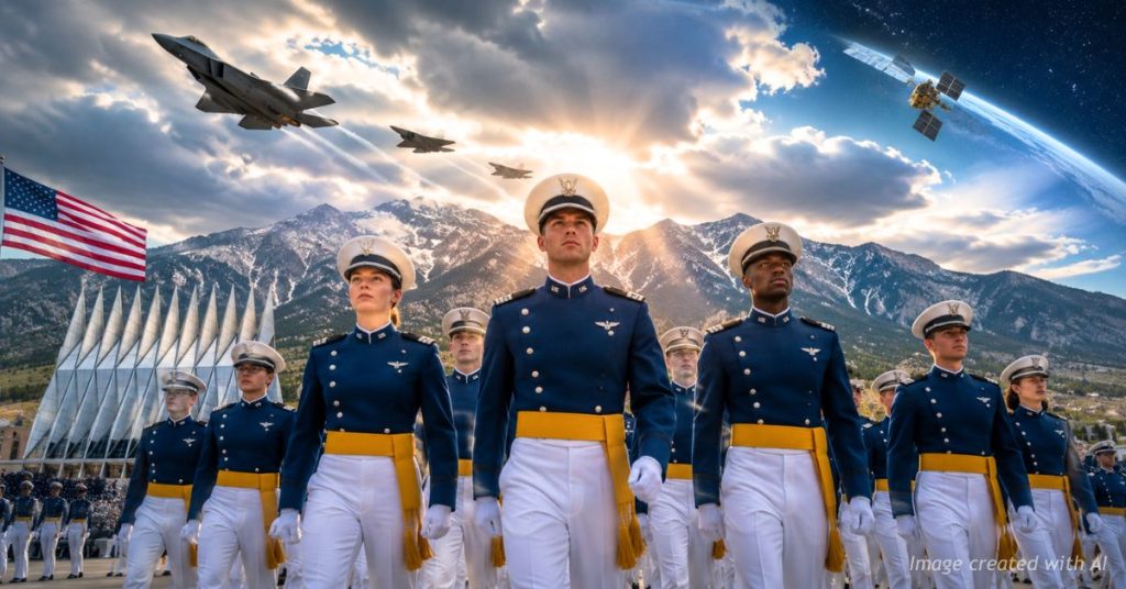 Air Force and Space Force graduates walk forward beneath fighter jets and satellites.