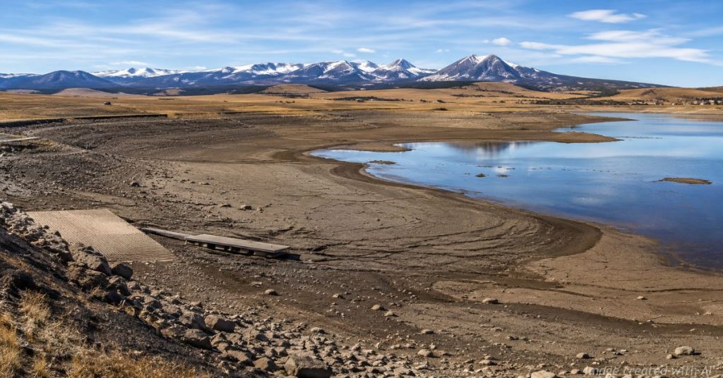 Antero Reservoir shows extreme low water levels with exposed lakebed during Colorado drought