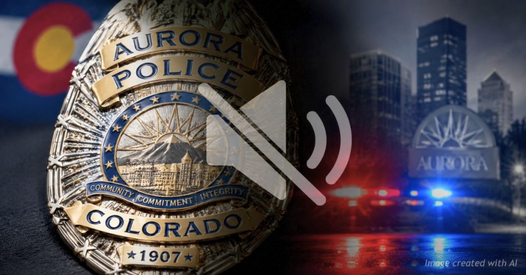 Aurora Police badge with muted symbol representing restricted communication policy