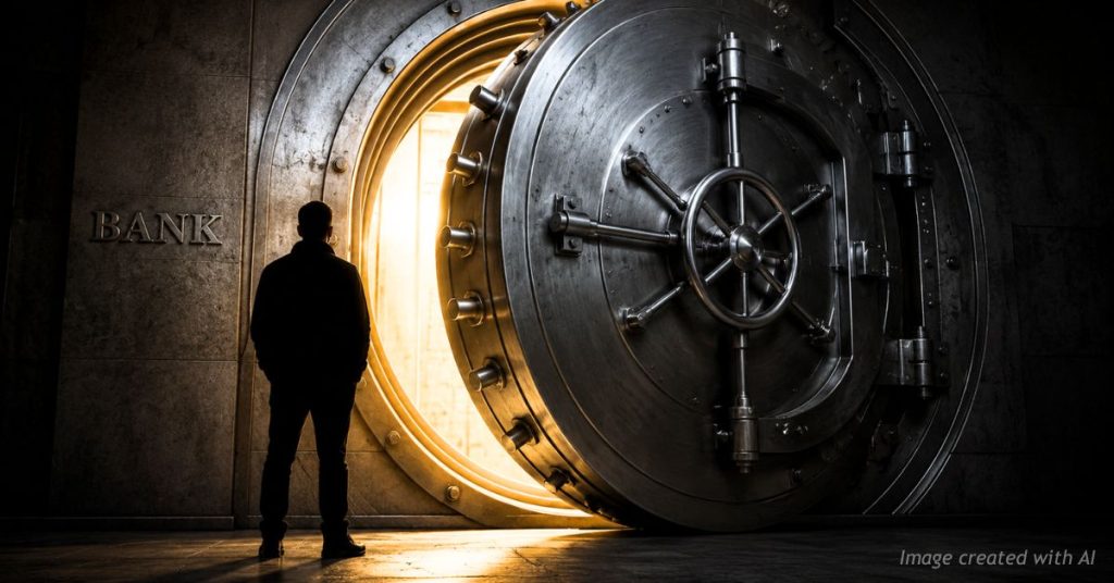 Vault door closing with silhouetted figure outside