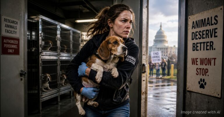 Volunteer carrying rescued beagle from lab with Capitol in background