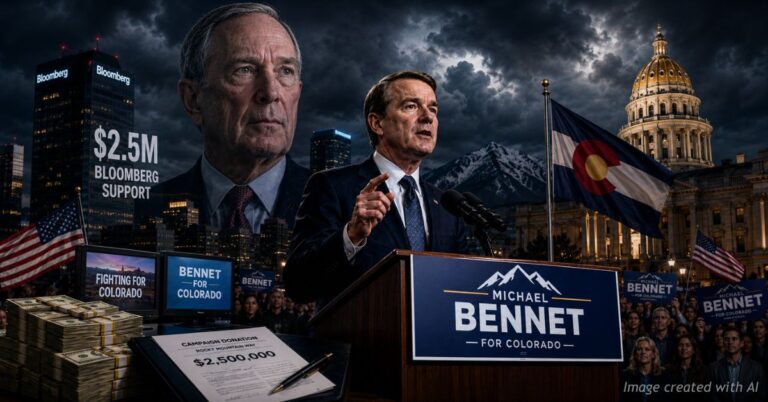 Michael Bennet speaks at a Colorado rally while Bloomberg looms symbolically in the background.