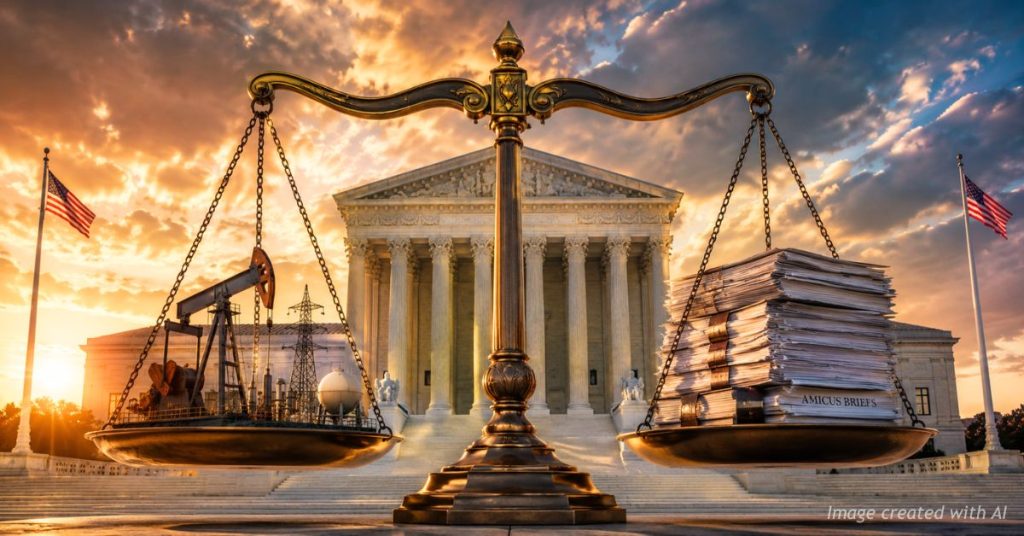Scales of justice balancing energy infrastructure and legal briefs before the U.S. Supreme Court.