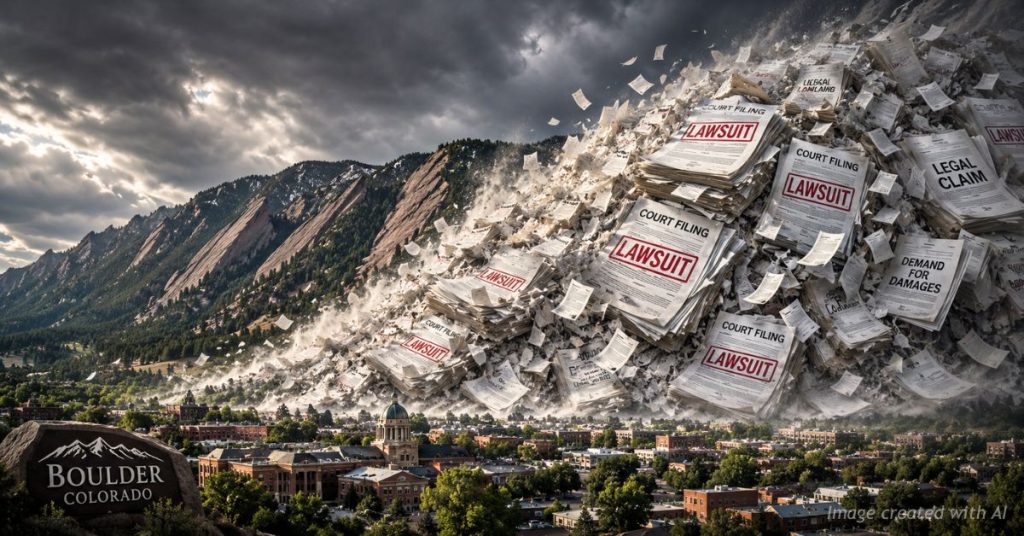 Avalanche of lawsuits falling toward Boulder symbolizing climate litigation impact