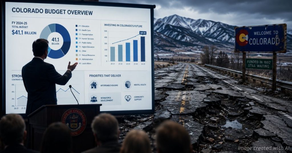 Budget charts displayed while damaged roads behind them symbolize disputes over transportation spending.