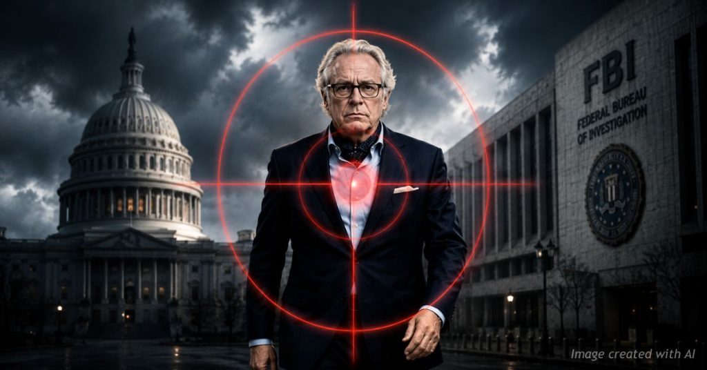 Silhouetted figure with target symbol against government buildings
