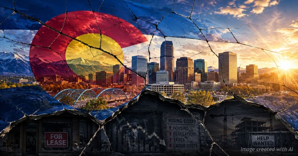 Cracked glass effect over Denver skyline and Colorado flag revealing hidden economic strain