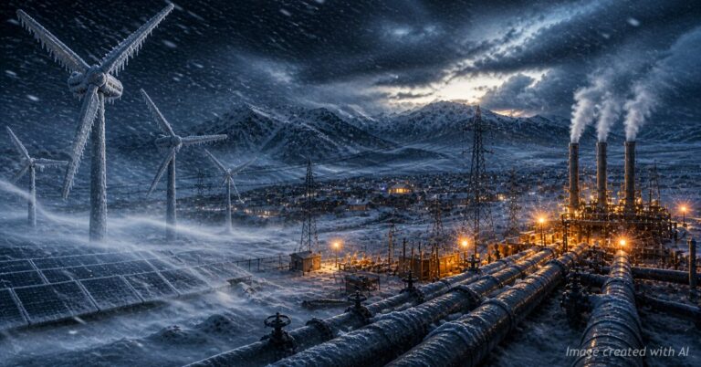 Frozen wind turbines and active gas infrastructure during Colorado storm