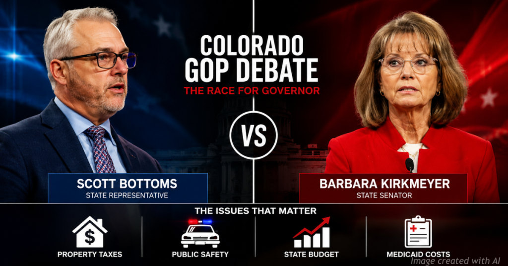 Scott Bottoms and Barbara Kirkmeyer face off with key Colorado debate issues displayed below