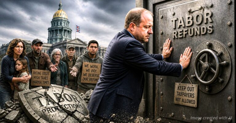 Polis locks vault labeled TABOR refunds as concerned Colorado residents look on