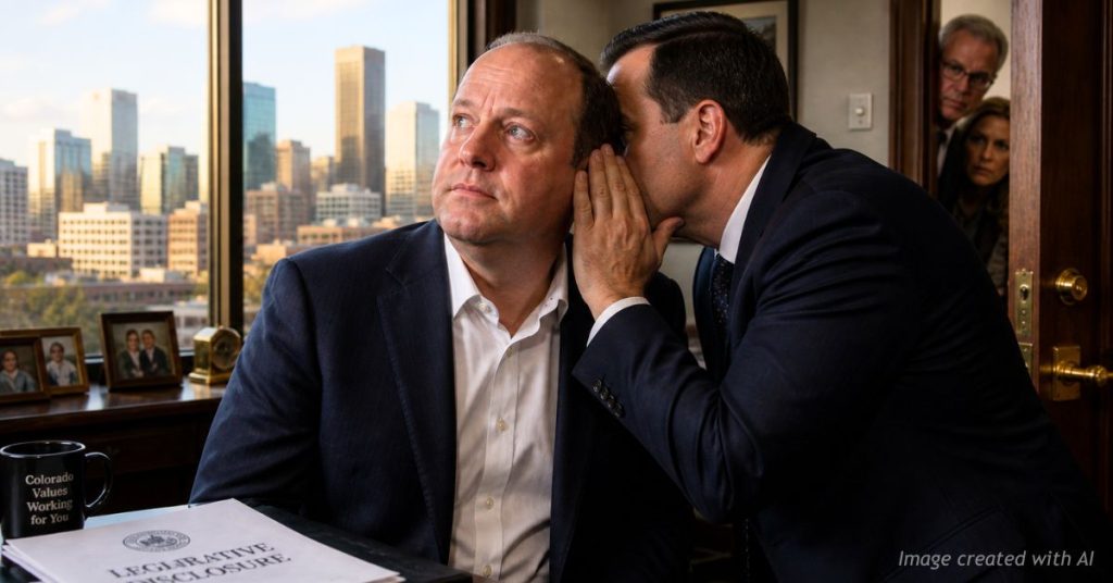 Man resembling Colorado governor listens as suited figure whispers, with Denver skyline and observers in doorway