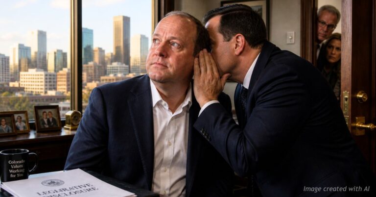 Man resembling Colorado governor listens as suited figure whispers, with Denver skyline and observers in doorway