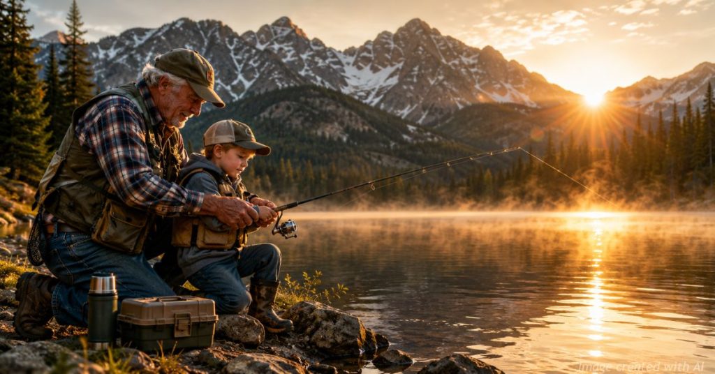 Grandfather teaching child to fish at sunrise in Colorado Rocky Mountains