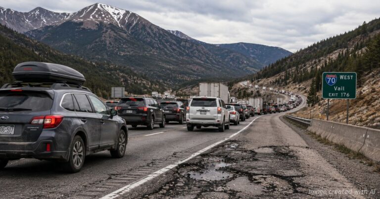 Heavy traffic backs up along Interstate 70 through the Colorado mountains beside cracked and deteriorating pavement.