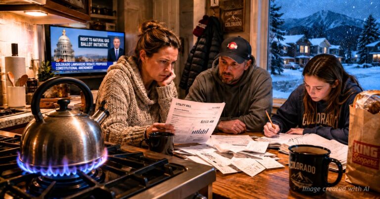 Colorado family reviews utility bills while a gas kettle heats on a lit stove burner during winter.