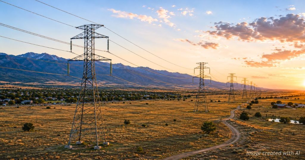Transmission lines extending across eastern Colorado landscapes.