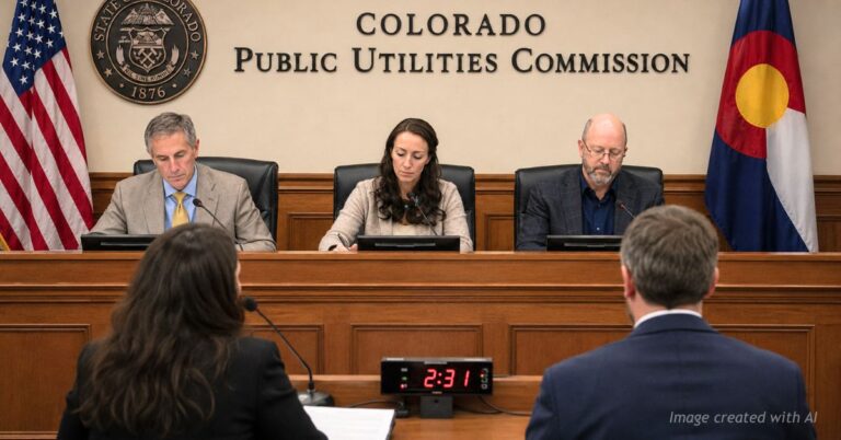 Colorado Public Utilities Commission hearing with commissioners reviewing testimony as speaker addresses panel