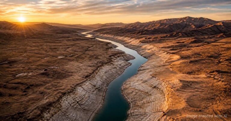 Aerial view of the Colorado River running low through dry desert terrain in the American Southwest