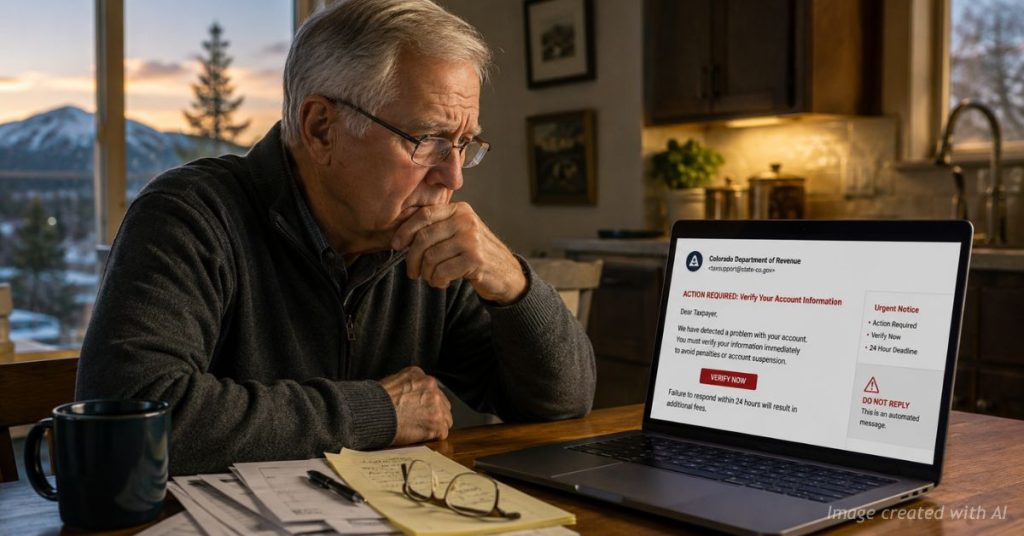 Elderly man at laptop with shadowy figures emerging from screen