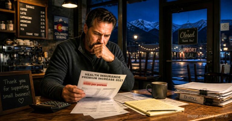 Colorado small business owner reviewing rising health insurance premiums alone after hours