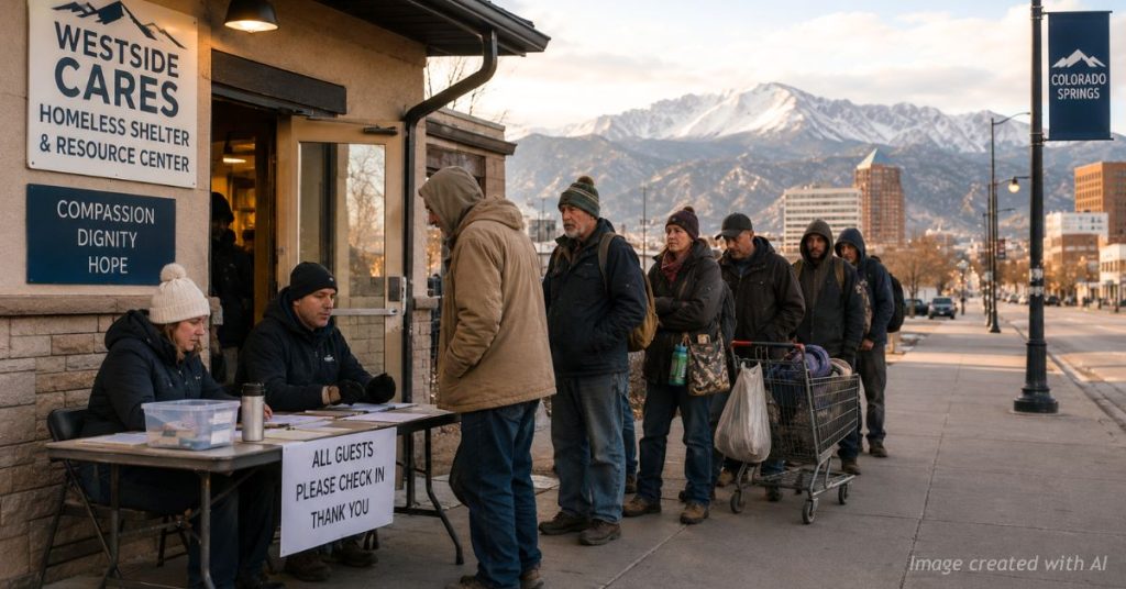 People waiting outside a Colorado Springs shelter with Pikes Peak in background