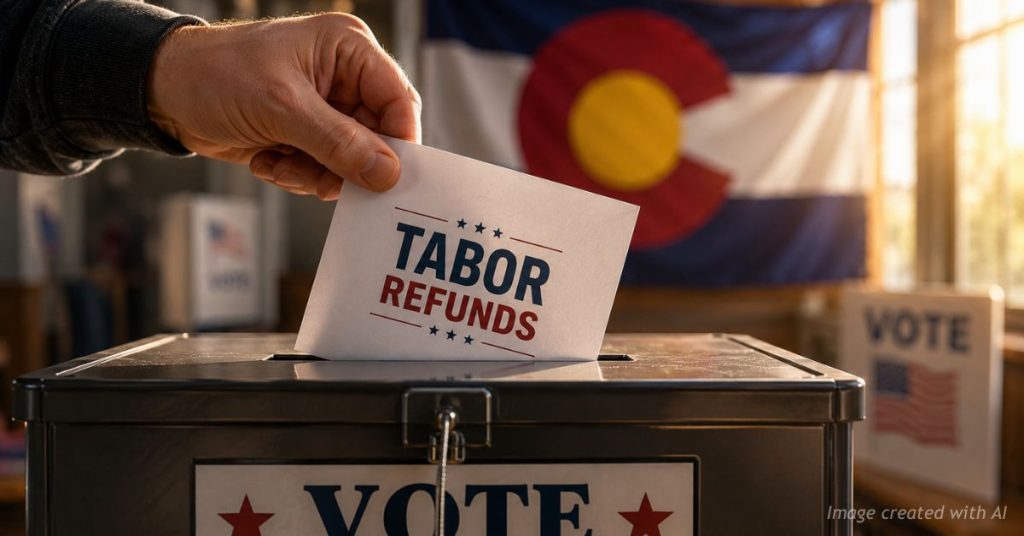 Close-up of voter placing TABOR refunds ballot into box with Colorado flag behind