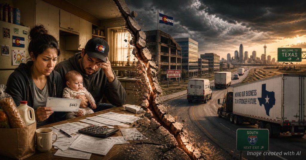 A Colorado family reviews a $443 tax credit check at their kitchen table while moving trucks head south on I-25 toward Texas as businesses leave the state.