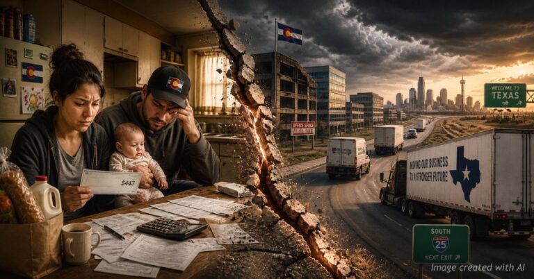A Colorado family reviews a $443 tax credit check at their kitchen table while moving trucks head south on I-25 toward Texas as businesses leave the state.