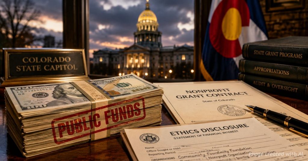 Taxpayer money and nonprofit grant contracts displayed inside the Colorado Capitol.