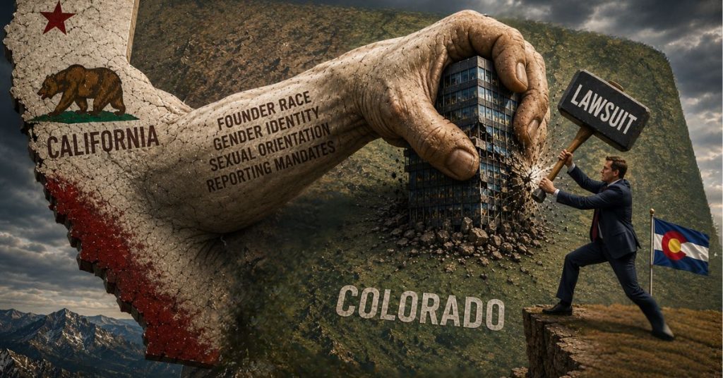 Illustration of California reaching into Colorado as a lawsuit challenges founder identity reporting mandates.
