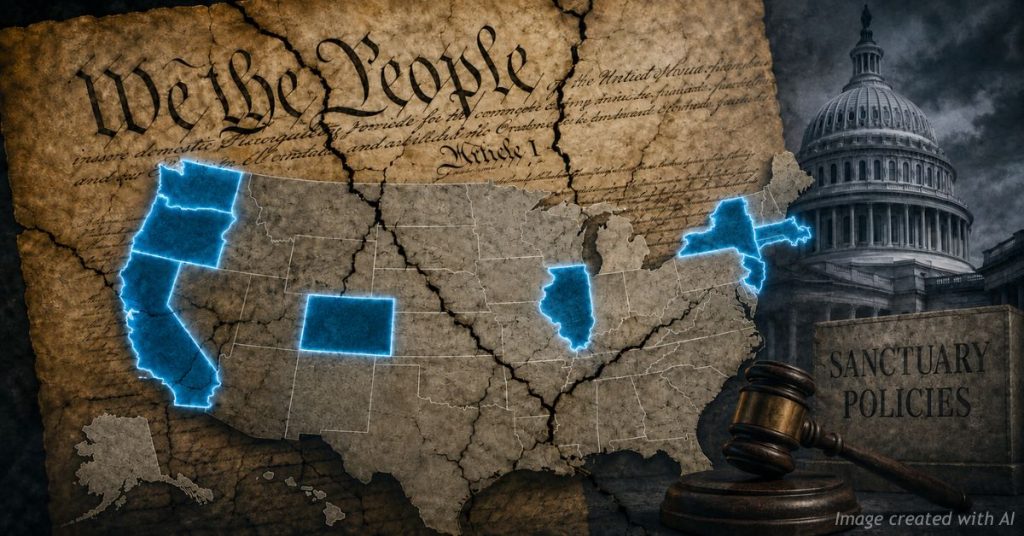 Cracked Constitution over U.S. map highlights sanctuary state controversy.