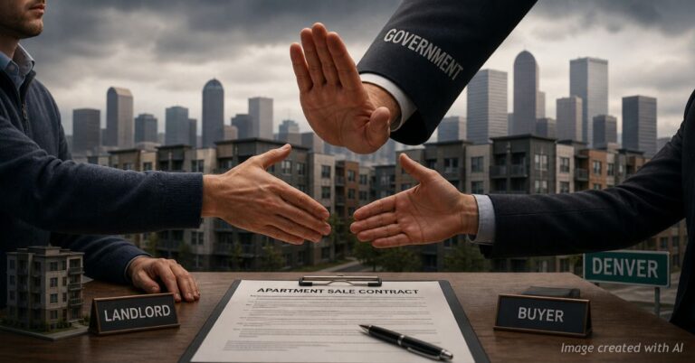 Government hand interrupts apartment sale handshake in Denver