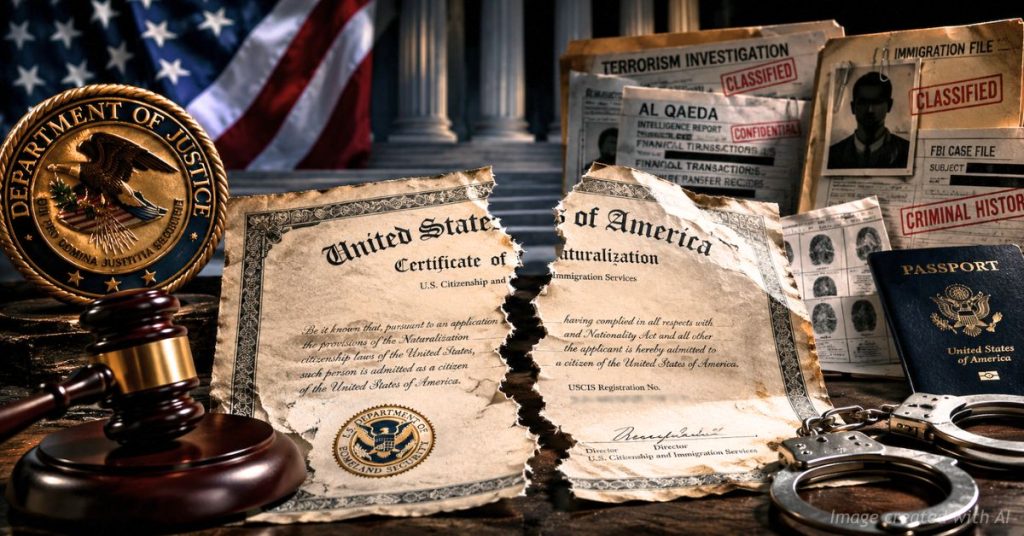 Torn US naturalization certificate beside federal gavel and DOJ seal.