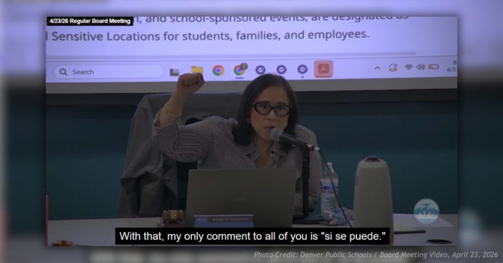 Denver Public Schools Board of Education President Xóchitl Gaytán at the April 23 board meeting