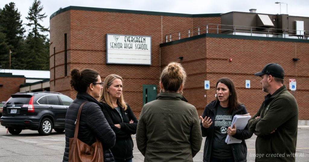Parents gather outside Evergreen High School expressing concern over school safety transparency
