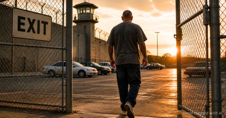 Man exiting prison gate into parking lot at sunset with guard tower and chain-link fence visible