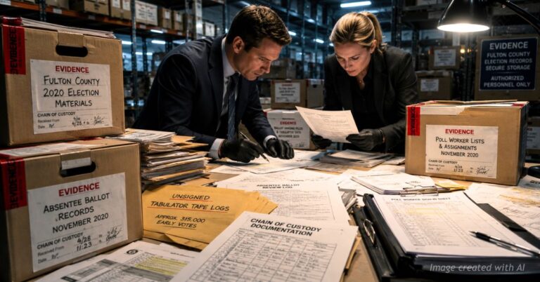 Investigators review Fulton County election records and chain-of-custody documents in evidence room.