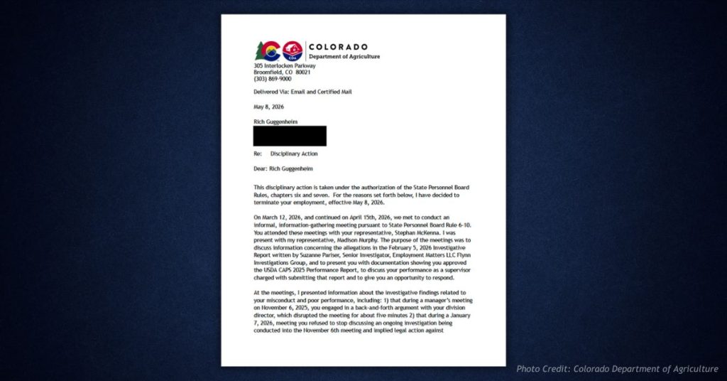 Page one of the Colorado Department of Agriculture letter terminating Rich Guggenheim, dated May 8, 2026, signed by Deputy Commissioner Jordan Beezley.