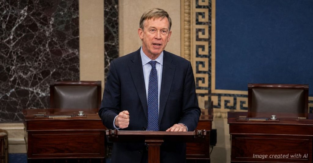 Sen. John Hickenlooper speaks in the U.S. Senate with visible intensity during debate over compensation fund