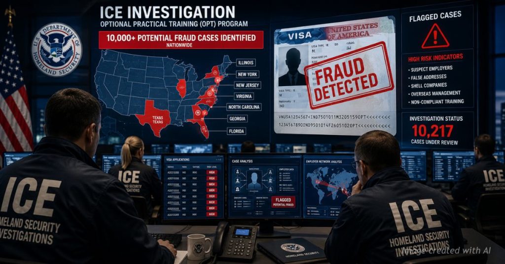 ICE agents reviewing flagged student visa fraud cases on digital screens