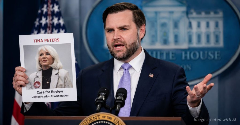 JD Vance holds document with Tina Peters image while speaking at White House podium