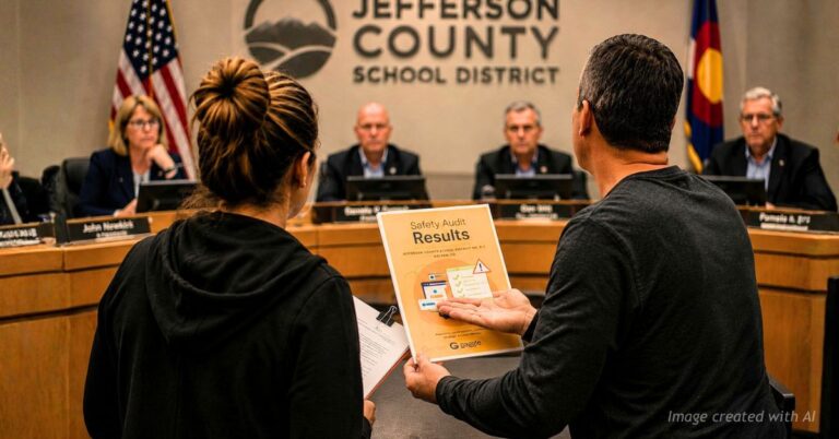 Parents confront Jeffco school board while presenting safety audit report during public meeting.