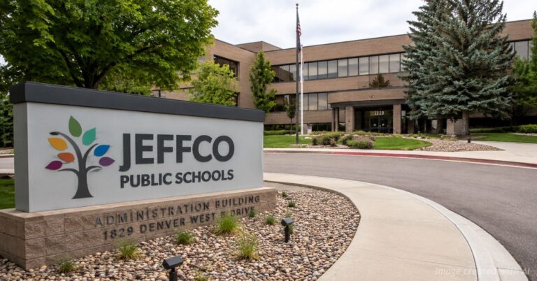Jeffco Public Schools administration building with roadside monument sign and landscaped campus entrance.